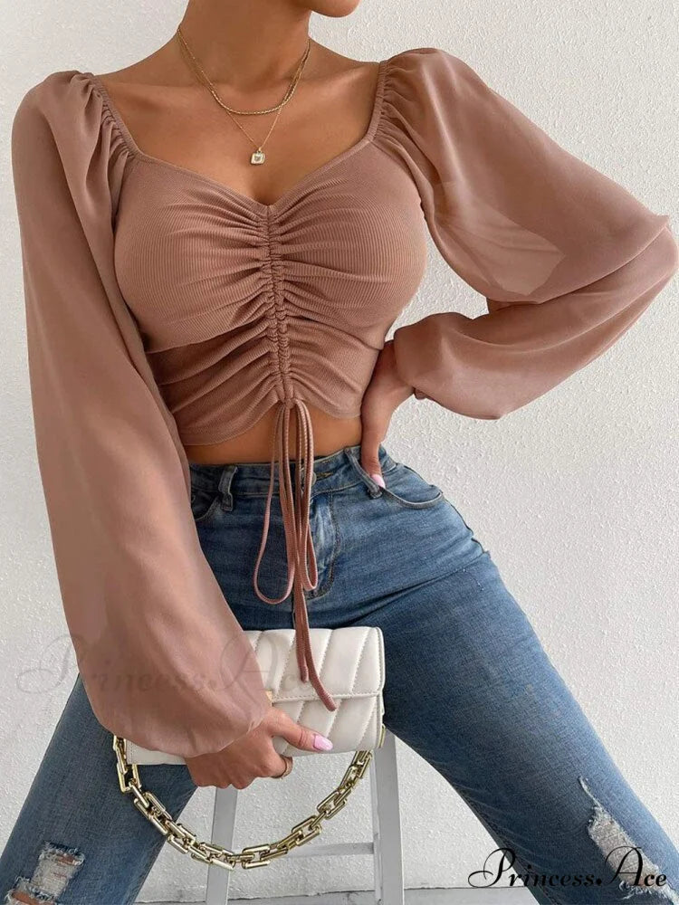Lantern Sleeve V-Neck Fashion Blouses