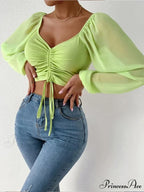 Lantern Sleeve V-Neck Fashion Blouses