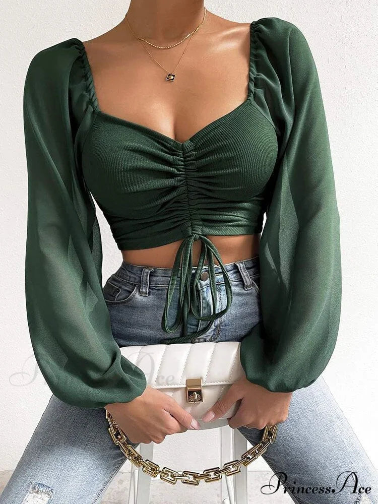 Lantern Sleeve V-Neck Fashion Blouses