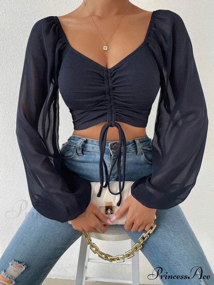 Lantern Sleeve V-Neck Fashion Blouses