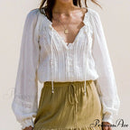 Lantern Sleeve V-Neck Lace Retro Cotton Boho Top