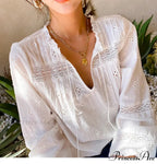 Lantern Sleeve V-Neck Lace Retro Cotton Boho Top