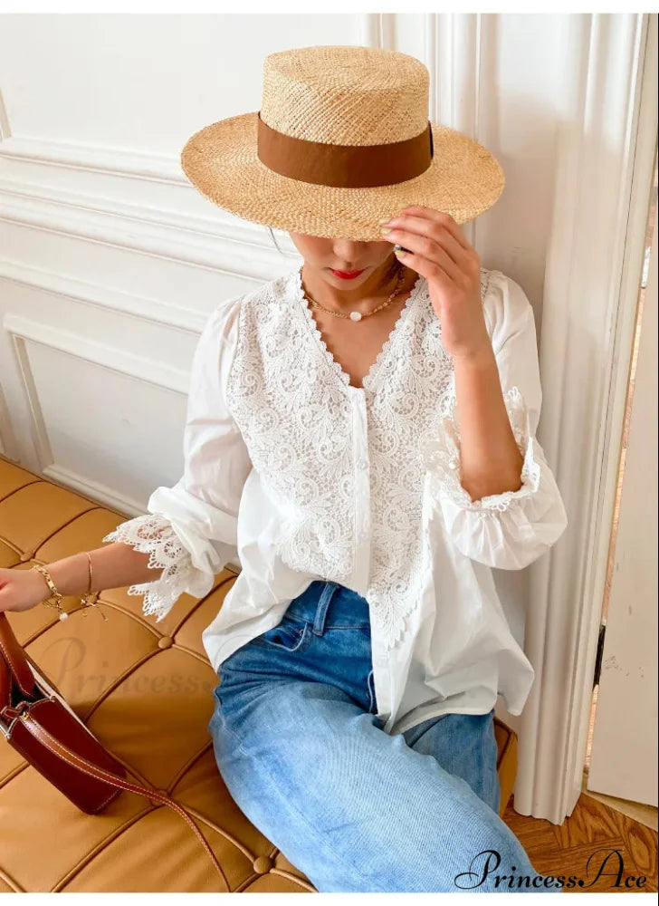 Lantern Sleeve V-Neck Lace Retro Cotton Boho Top
