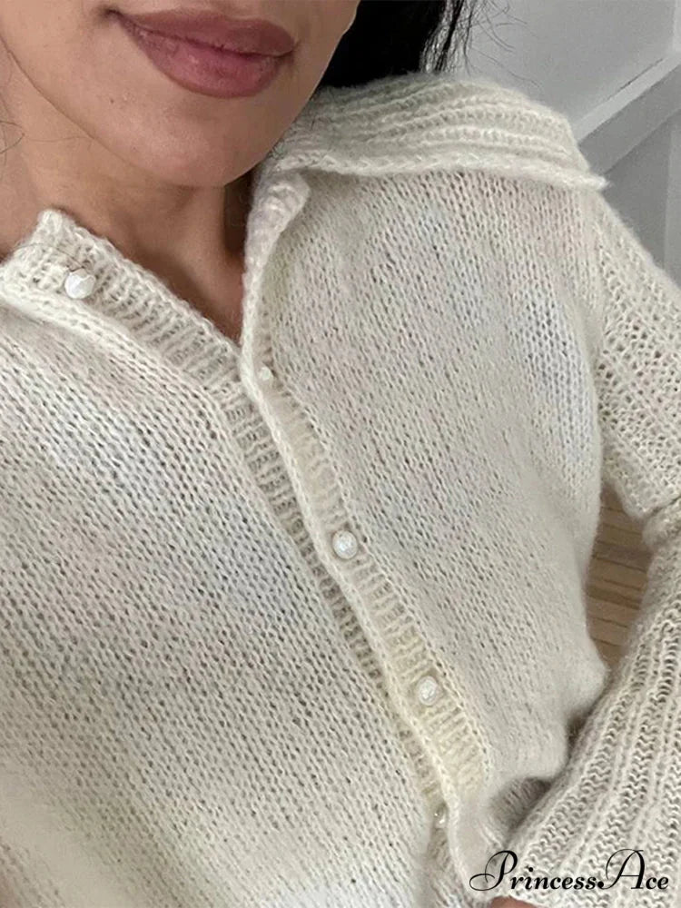 Lapel Pearl Single-breasted Cardigan