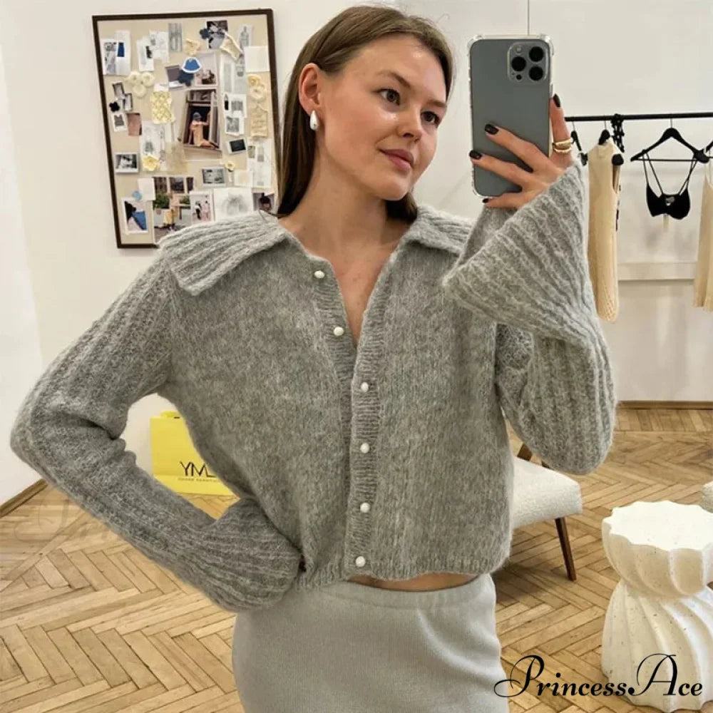 Lapel Pearl Single-breasted Cardigan