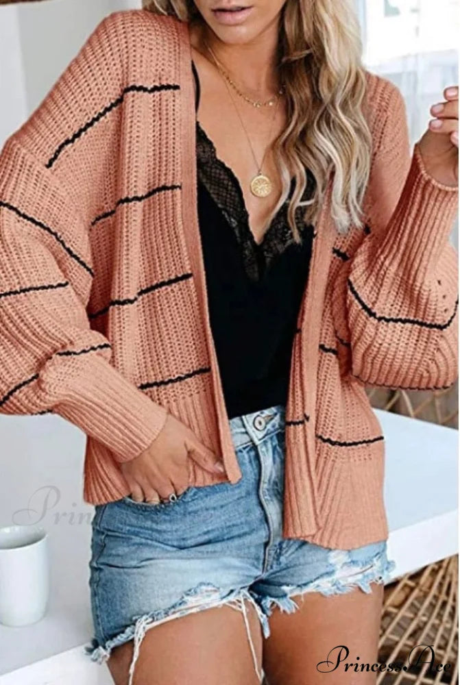 Large Big Loose Strip Printed Vintage Tops Long Sleeve Cardigan