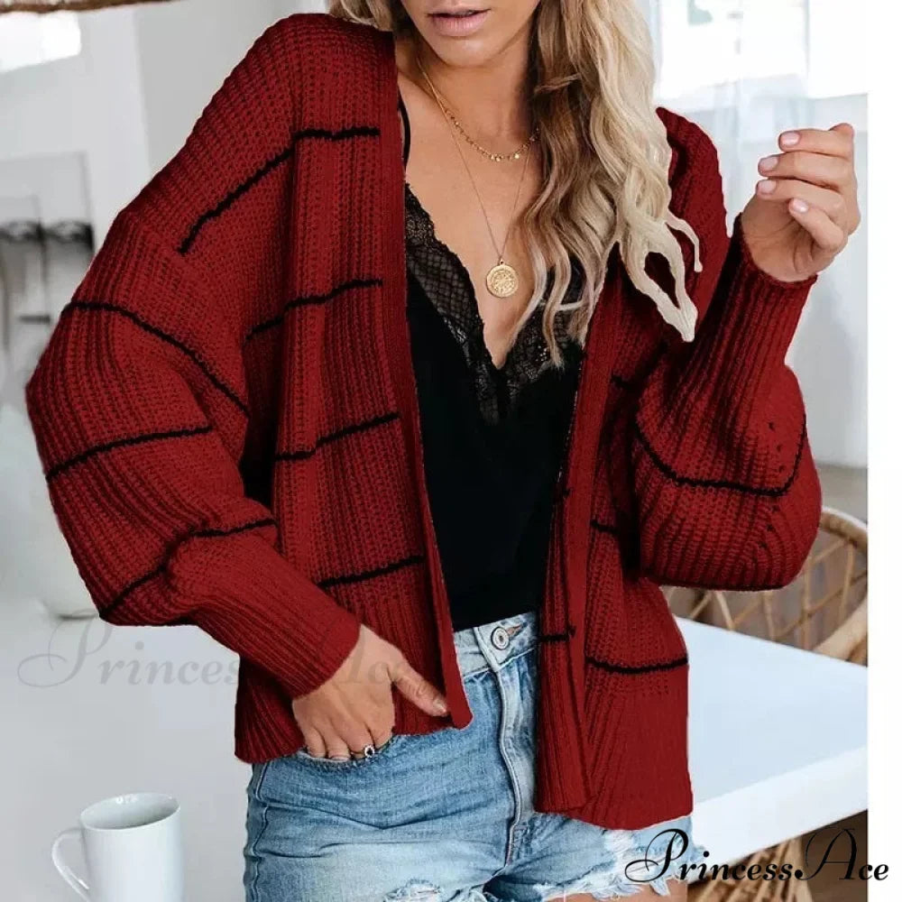 Large Big Loose Strip Printed Vintage Tops Long Sleeve Cardigan