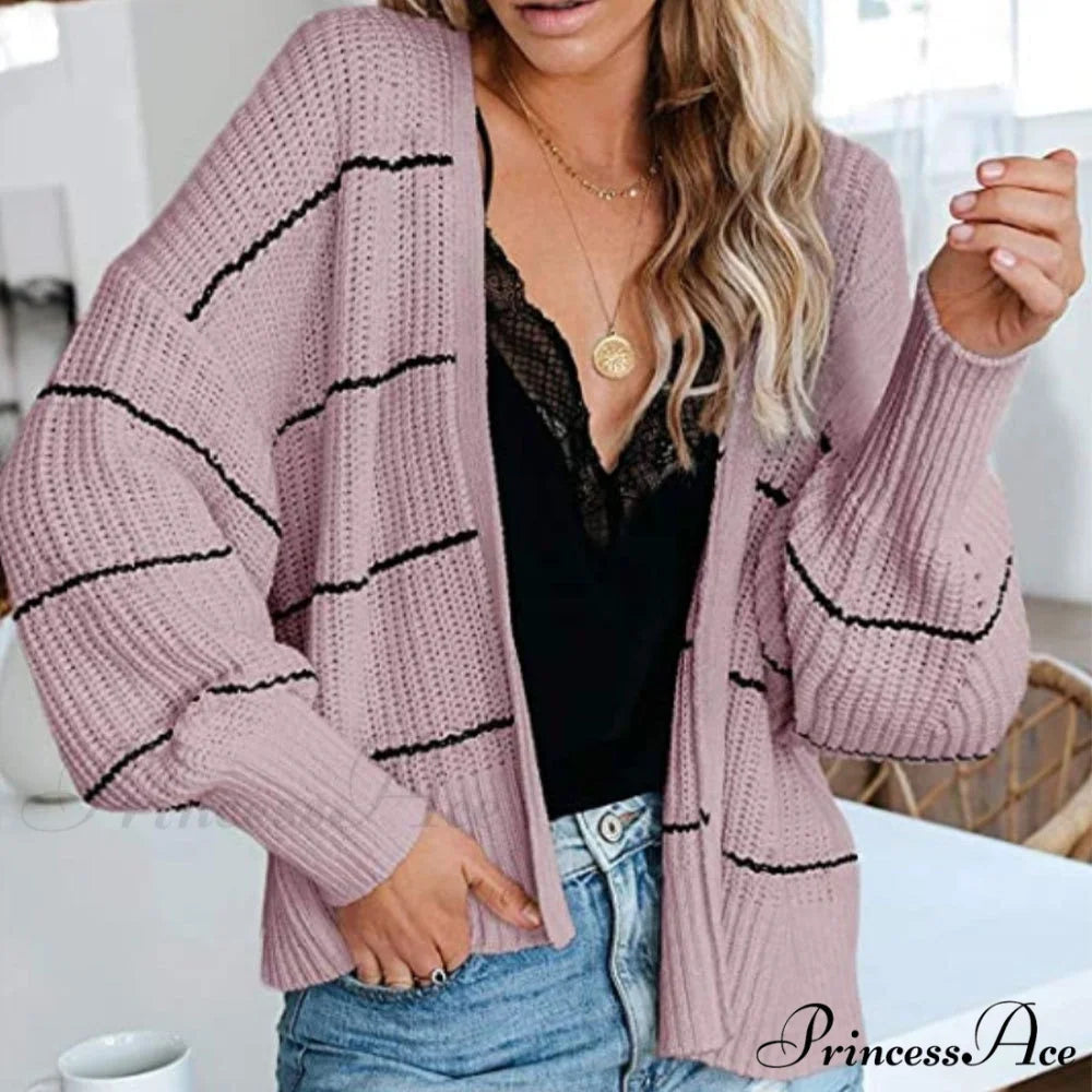 Large Big Loose Strip Printed Vintage Tops Long Sleeve Cardigan