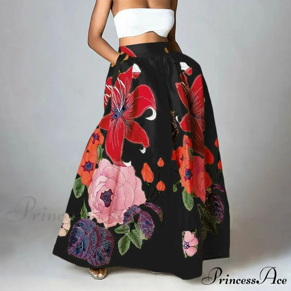 Large Blossom Patterned A-Line High Waist Long Maxi Skirt
