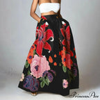 Large Blossom Patterned A-Line High Waist Long Maxi Skirt