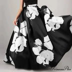 Large Blossom Patterned A-Line High Waist Long Maxi Skirt