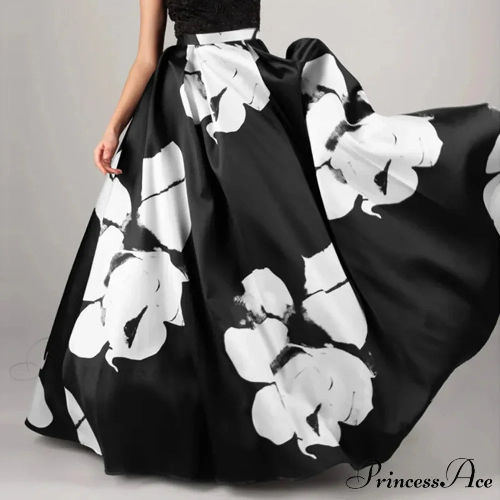 Large Blossom Patterned A-Line High Waist Long Maxi Skirt