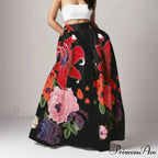 Large Blossom Patterned A-Line High Waist Long Maxi Skirt