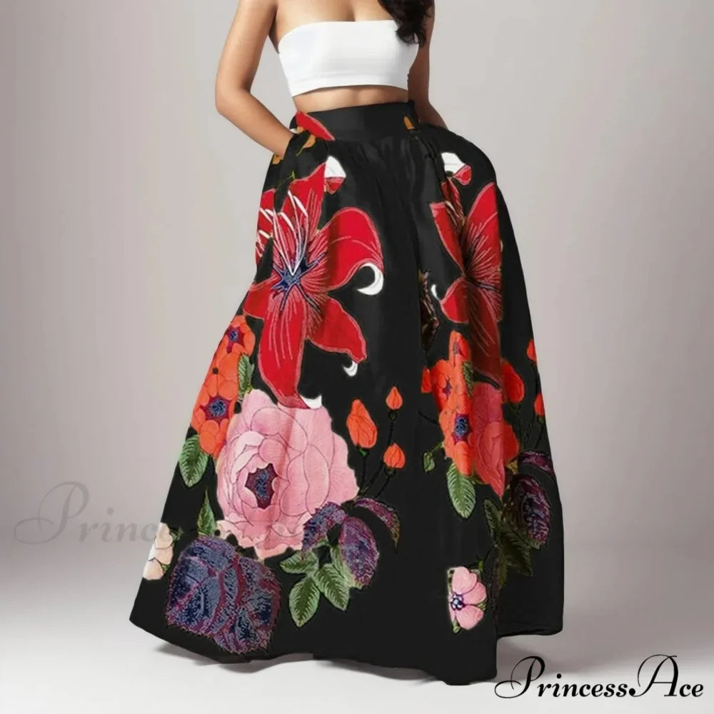 Large Blossom Patterned A-Line High Waist Long Maxi Skirt