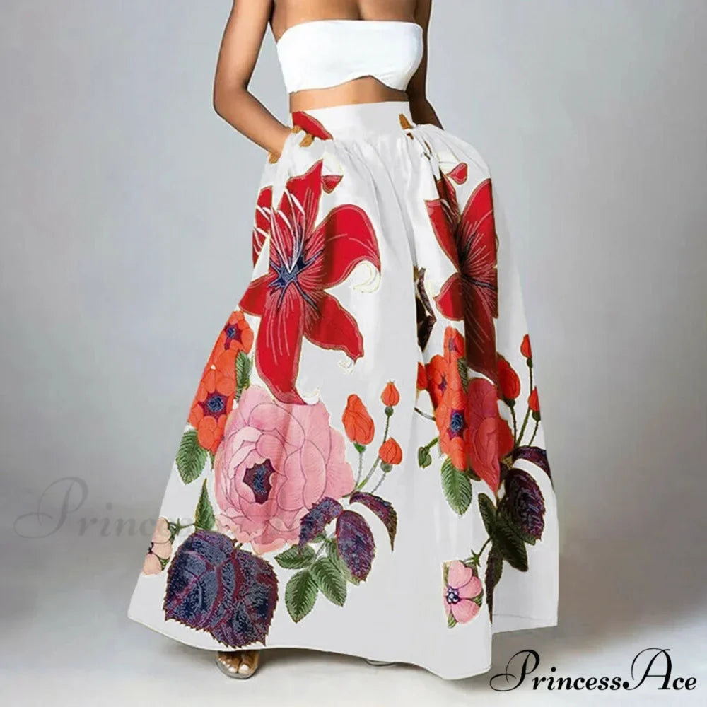 Large Blossom Patterned A-Line High Waist Long Maxi Skirt