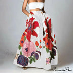 Large Blossom Patterned A-Line High Waist Long Maxi Skirt