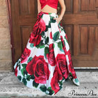 Large Blossom Patterned A-Line High Waist Long Maxi Skirt