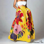 Large Blossom Patterned A-Line High Waist Long Maxi Skirt