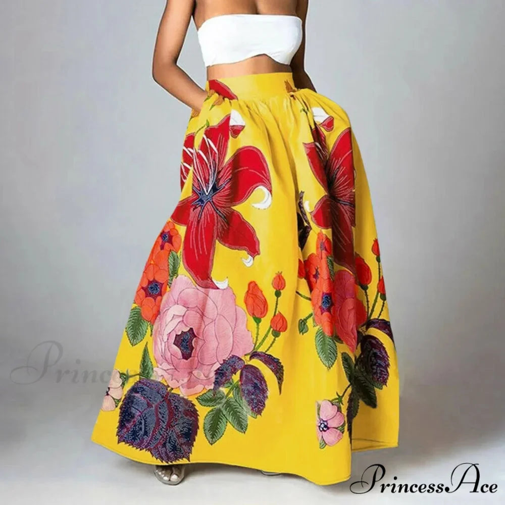 Large Blossom Patterned A-Line High Waist Long Maxi Skirt