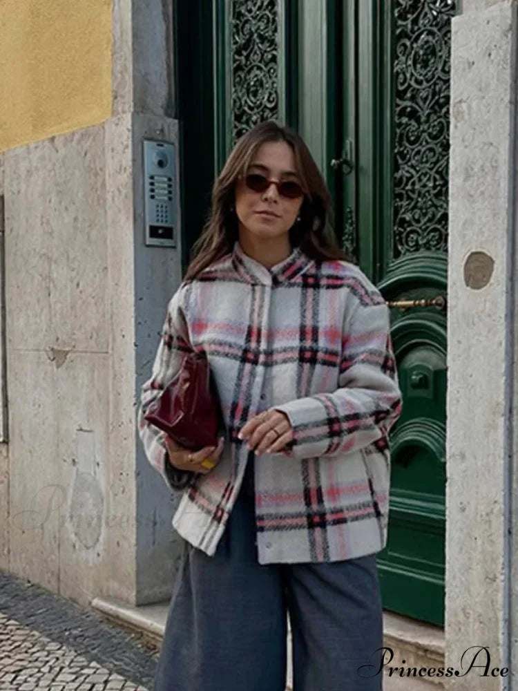 Large Checkered Pattern Woolen Bomber Jacket