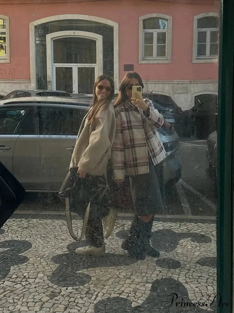 Large Checkered Pattern Woolen Bomber Jacket