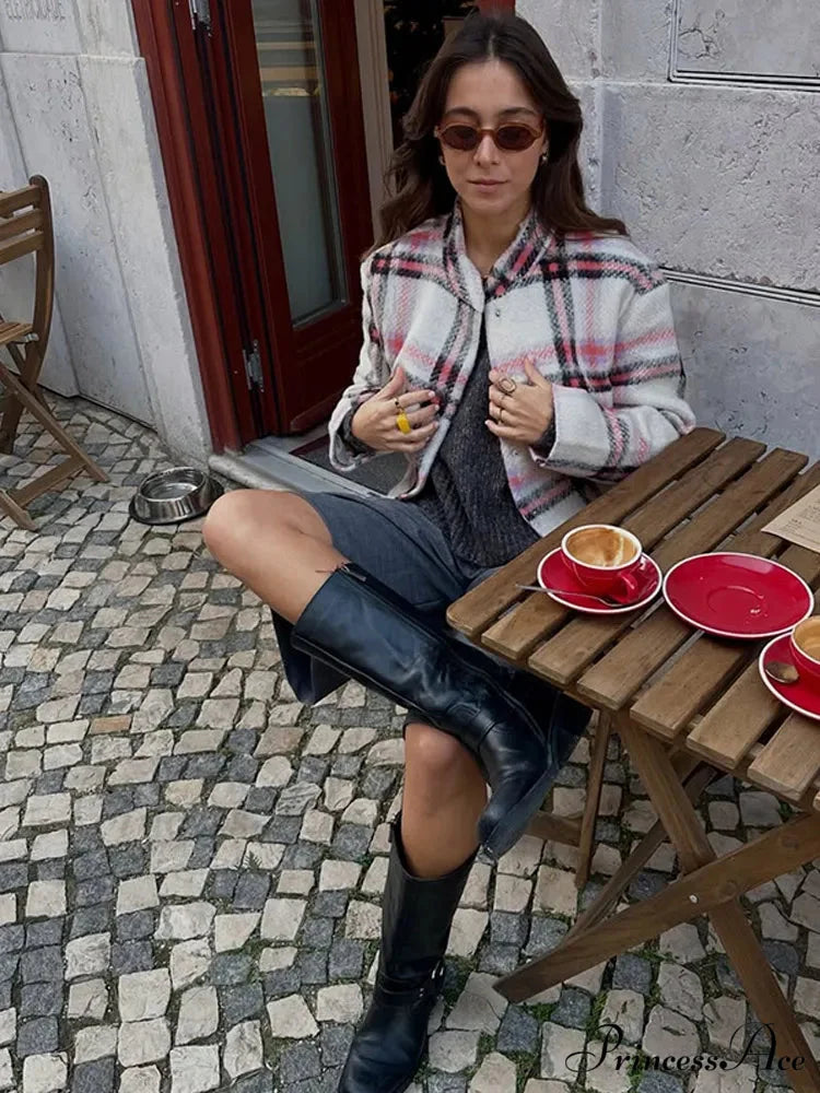 Large Checkered Pattern Woolen Bomber Jacket