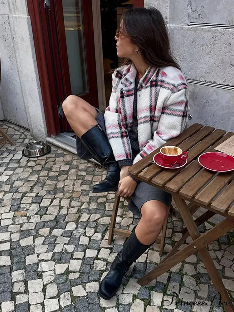 Large Checkered Pattern Woolen Bomber Jacket