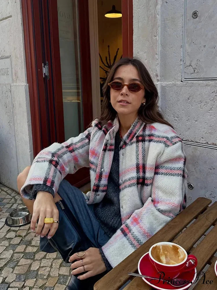 Large Checkered Pattern Woolen Bomber Jacket