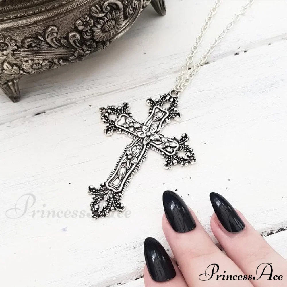 Large Detailed Cross Drill Pendant Jewel Necklace