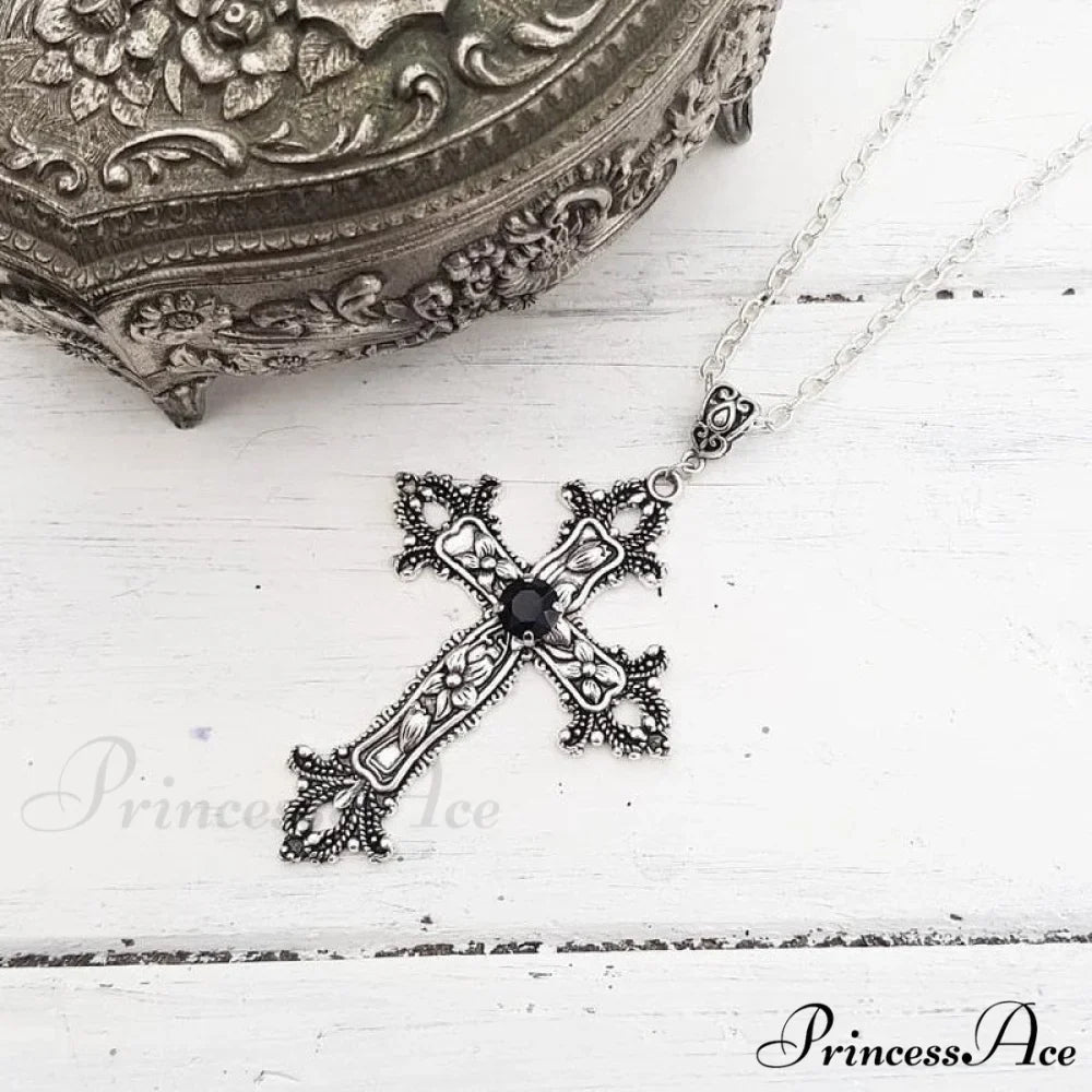 Large Detailed Cross Drill Pendant Jewel Necklace