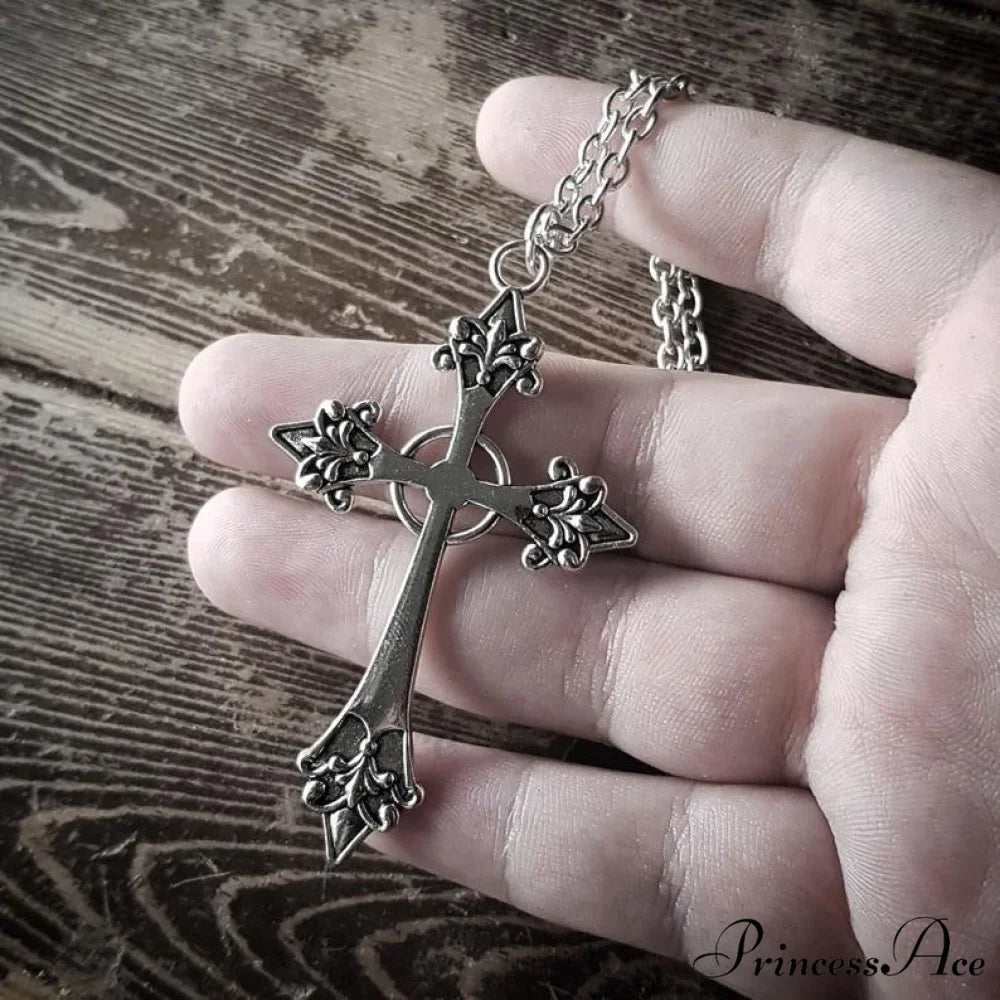 Large Detailed Cross Drill Pendant Jewel Necklace