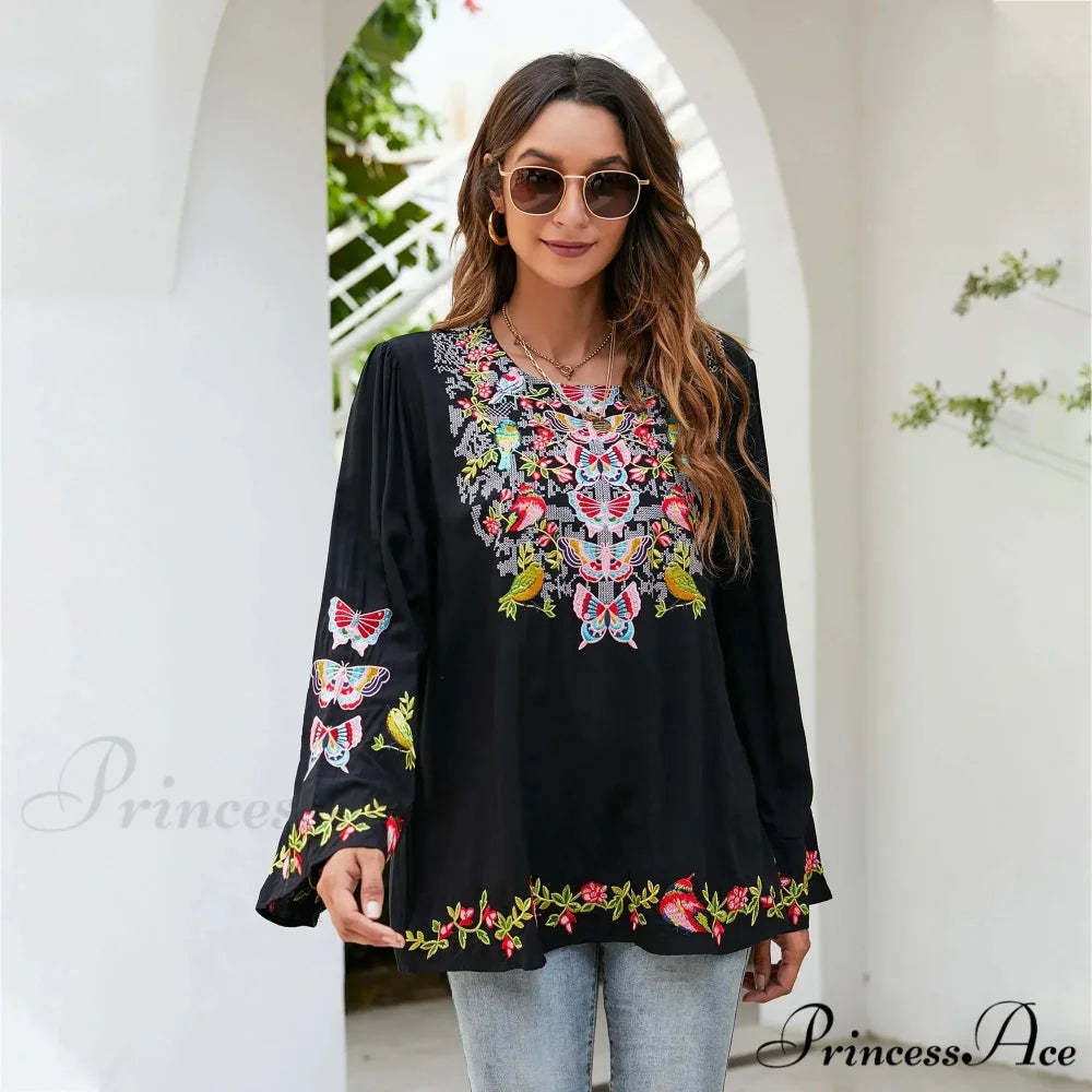 Large Flower Embroidery Baggy Cotton Boho Top