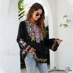 Large Flower Embroidery Baggy Cotton Boho Top