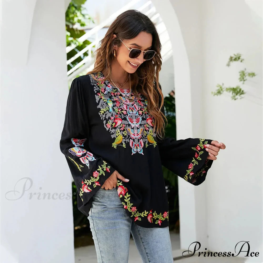 Large Flower Embroidery Baggy Cotton Boho Top