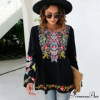 Large Flower Embroidery Baggy Cotton Boho Top