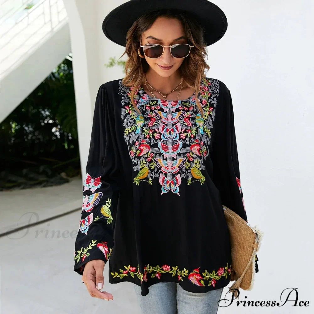 Large Flower Embroidery Baggy Cotton Boho Top