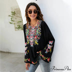 Large Flower Embroidery Baggy Cotton Boho Top