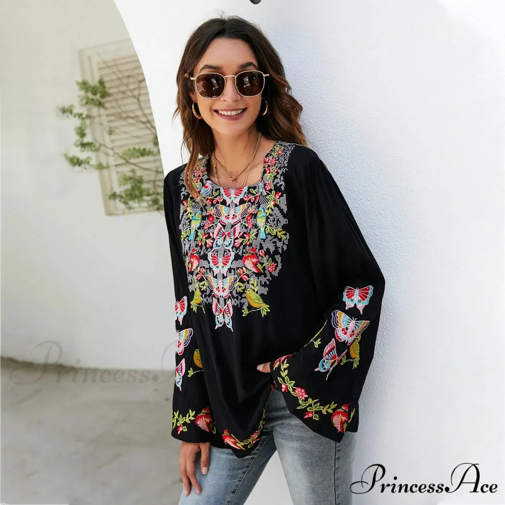 Large Flower Embroidery Baggy Cotton Boho Top