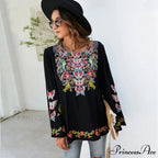 Large Flower Embroidery Baggy Cotton Boho Top