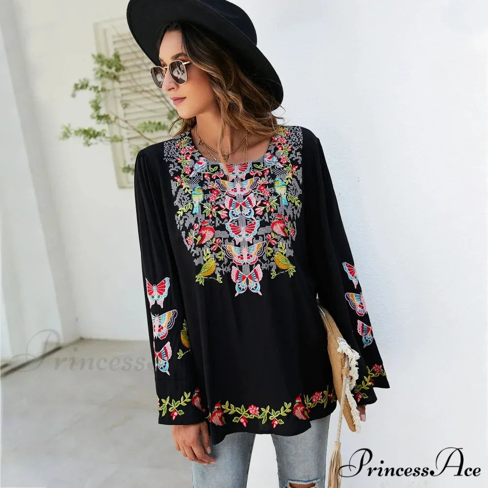 Large Flower Embroidery Baggy Cotton Boho Top
