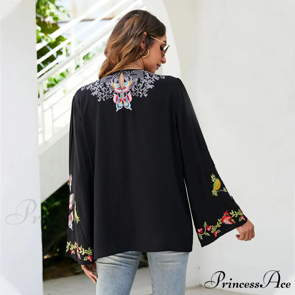 Large Flower Embroidery Baggy Cotton Boho Top