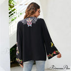 Large Flower Embroidery Baggy Cotton Boho Top