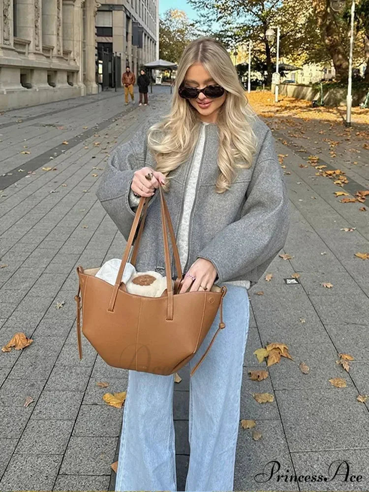 Large Grey Drawstring Woolen Coat