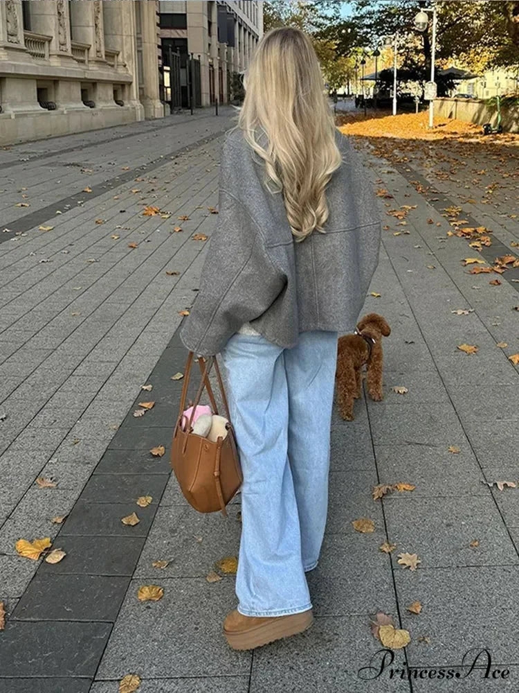 Large Grey Drawstring Woolen Coat