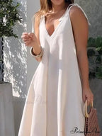 Large Hem Solid Color Graceful Sleeveless V-Neck Strap Maxi Dress