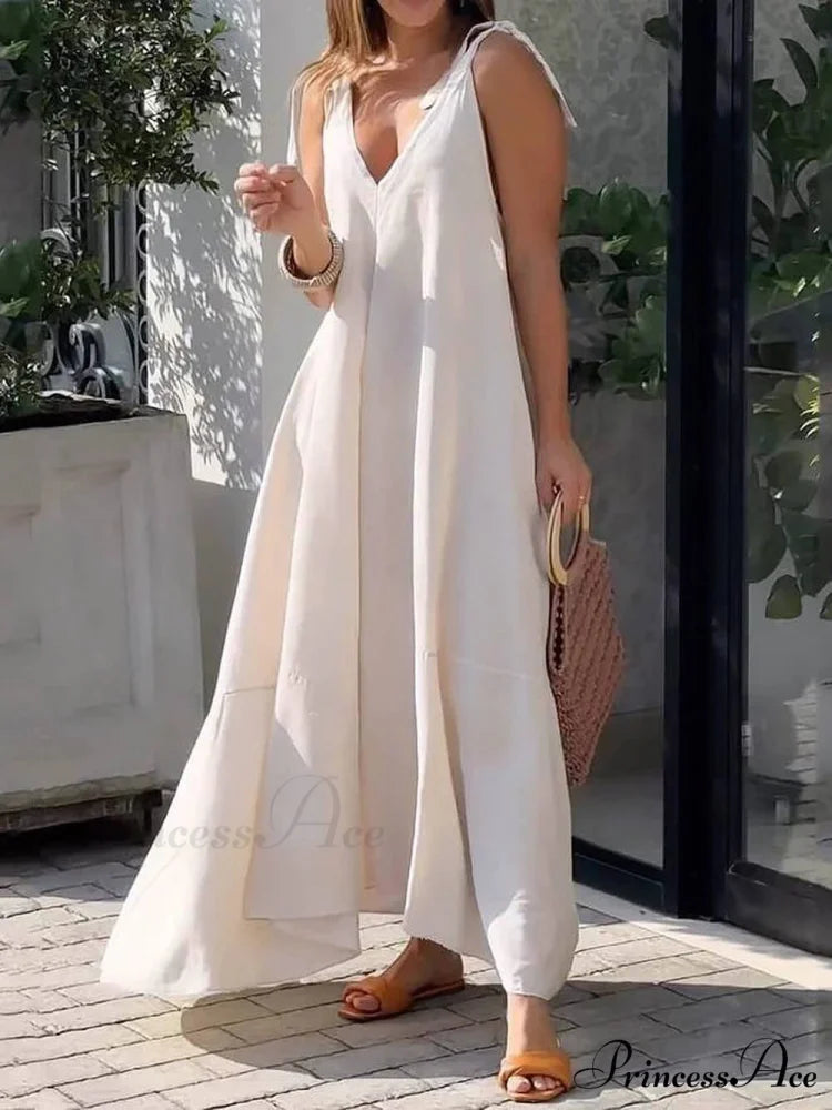 Large Hem Solid Color Graceful Sleeveless V-Neck Strap Maxi Dress