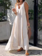 Large Hem Solid Color Graceful Sleeveless V-Neck Strap Maxi Dress