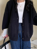 Large Preppy V-Neck Knitted Knit Cardigan