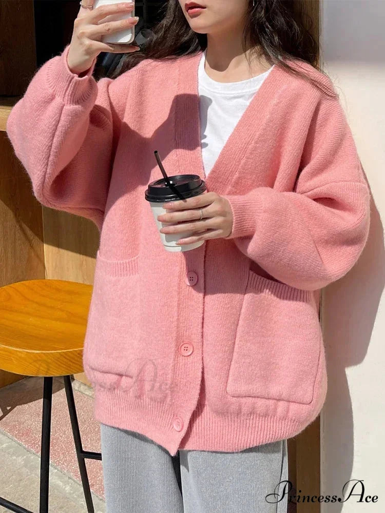 Large Preppy V-Neck Knitted Knit Cardigan