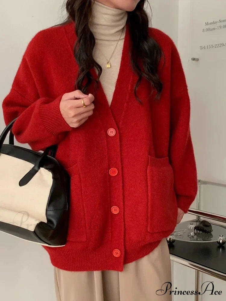 Large Preppy V-Neck Knitted Knit Cardigan